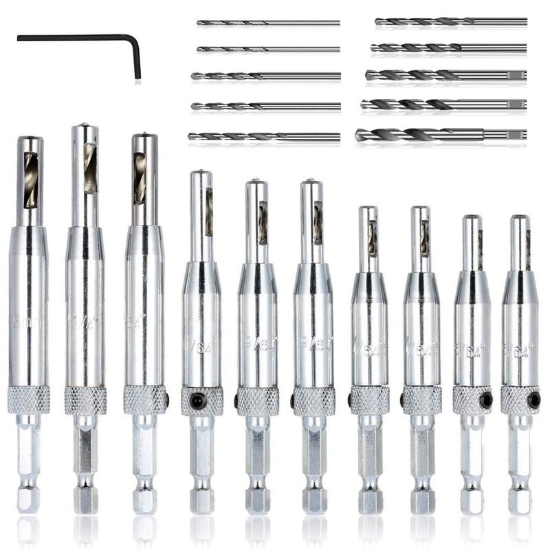 AFUNTA 21 pcs Center Drill Bit Set, AFUNTA Self Centering Hinge Tapper Core Hole Puncher 5/64'' 7/64'' 9/64'' 11/64'' 13/64'' 5mm 1/4'' & 1 Pcs Hex Key & 10 Pcs Replacement Drill Bits - Image 1